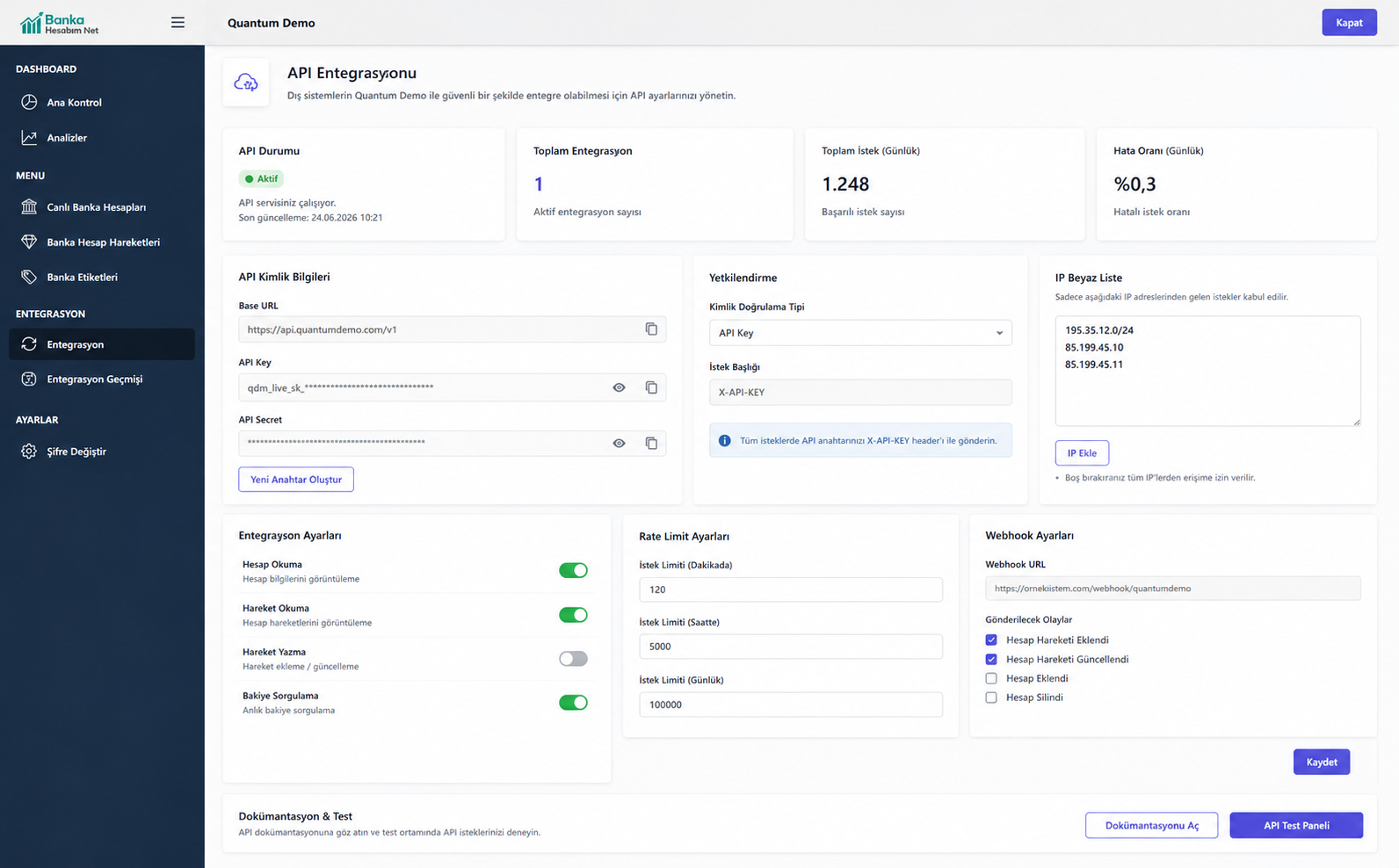 Banka Hesabım Net — API entegrasyon ve webhook ayarları